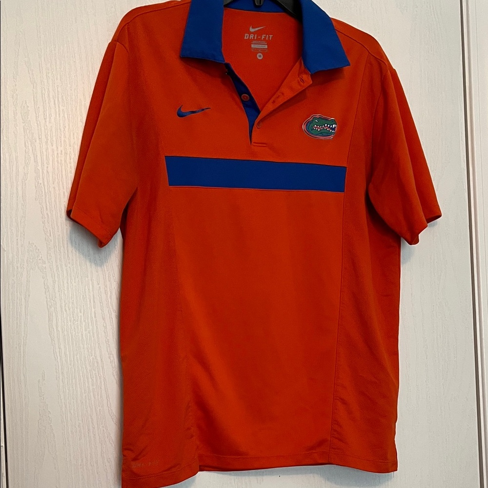 Nike Men's Dri-Fit Polo Shirt in Orange with Blue Accents and Florida Gator logo